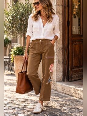 Monica Magni Floral Appliqué Utility Pants 44 Brown Y2K Boho Italian